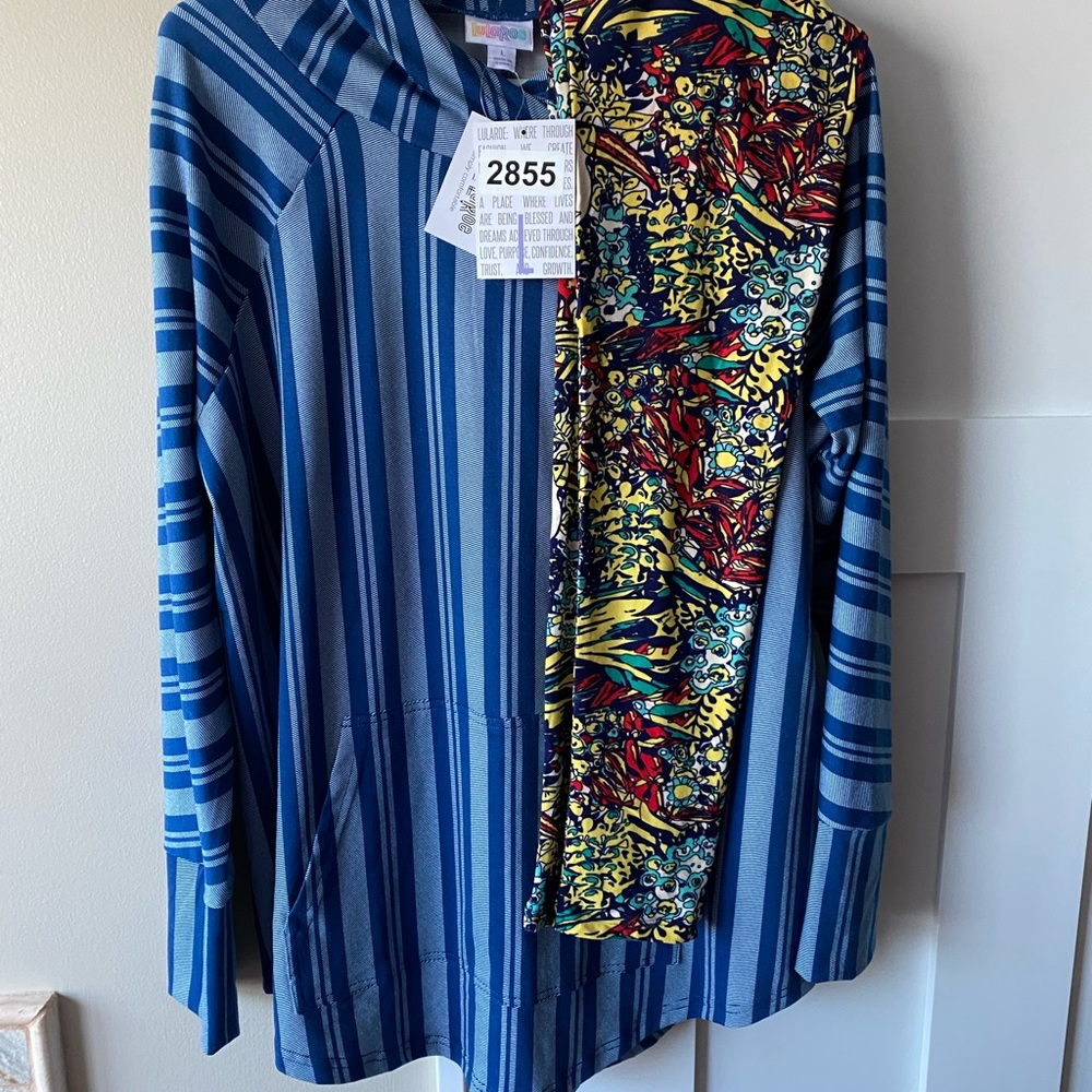 LuLaRoe Large Vertical Striped Amber & OS Floral Leggings